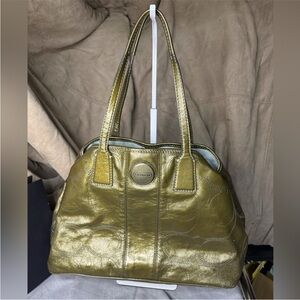Coach Metallic Olive Green Leather Shoulder Bag